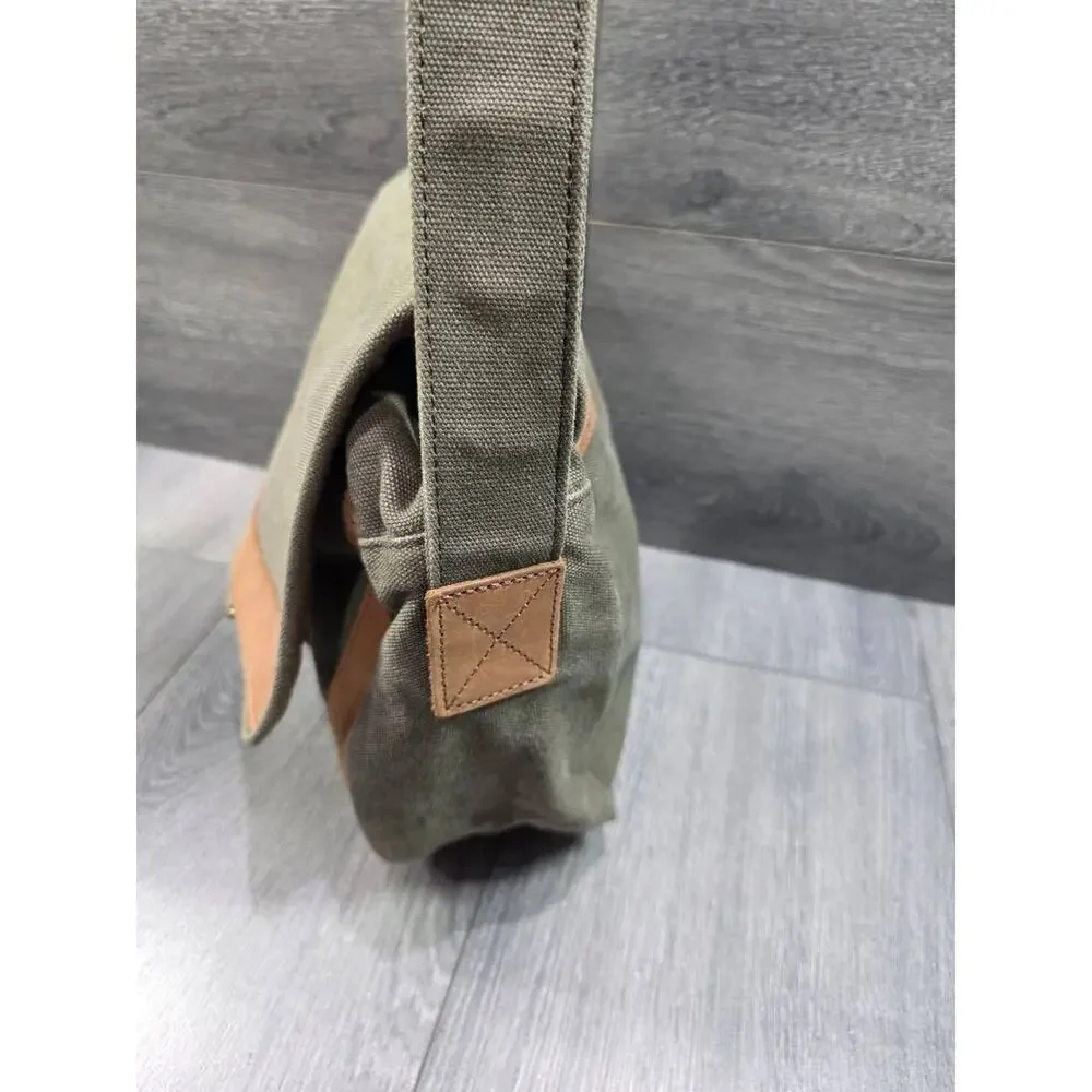 LL Bean Leather Canvas Crossbody Messenger Bag Olive Green Flap Utility B000759